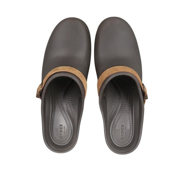 Crocs Shoe Women 9 Clog Slip On Comfort Fashion Rubber Leather Strap Brown Sarah - Picture 8 of 16